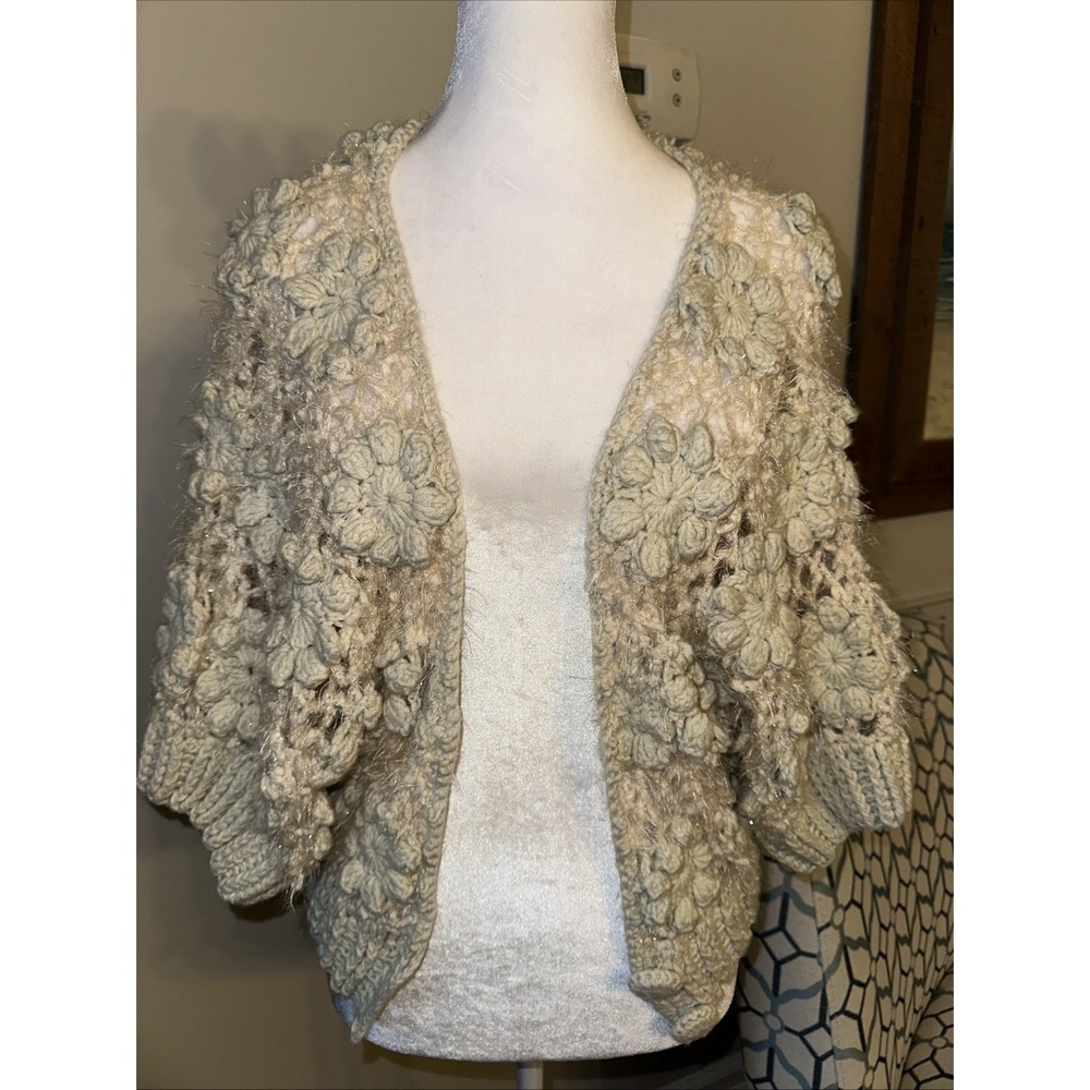 Rebecca Elliot Knitted Cardigan Crochet Flowers Cream Color Sweater